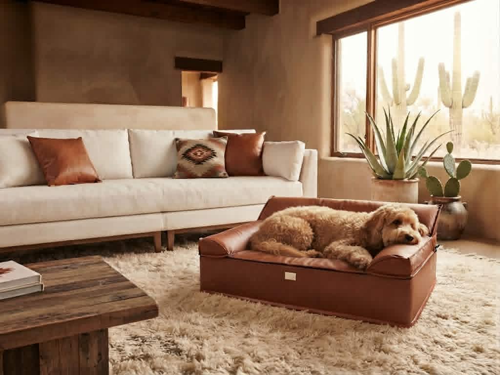 Render of the vintage brown Adobe Desert dog sofa in an adobe-style room