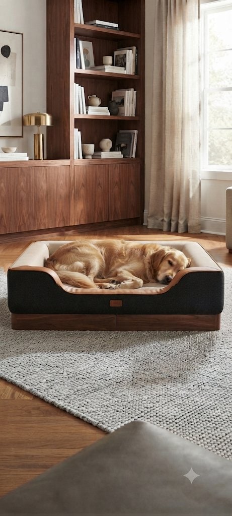 A golden retriever asleep on the Heritage Orthopedic Lounge in a charcoal finish with a tan liner, on a walnut base