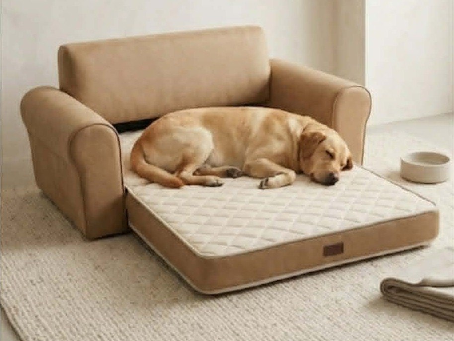 The Lux Murphy sleeper opened flat into its full bed with a labrador asleep