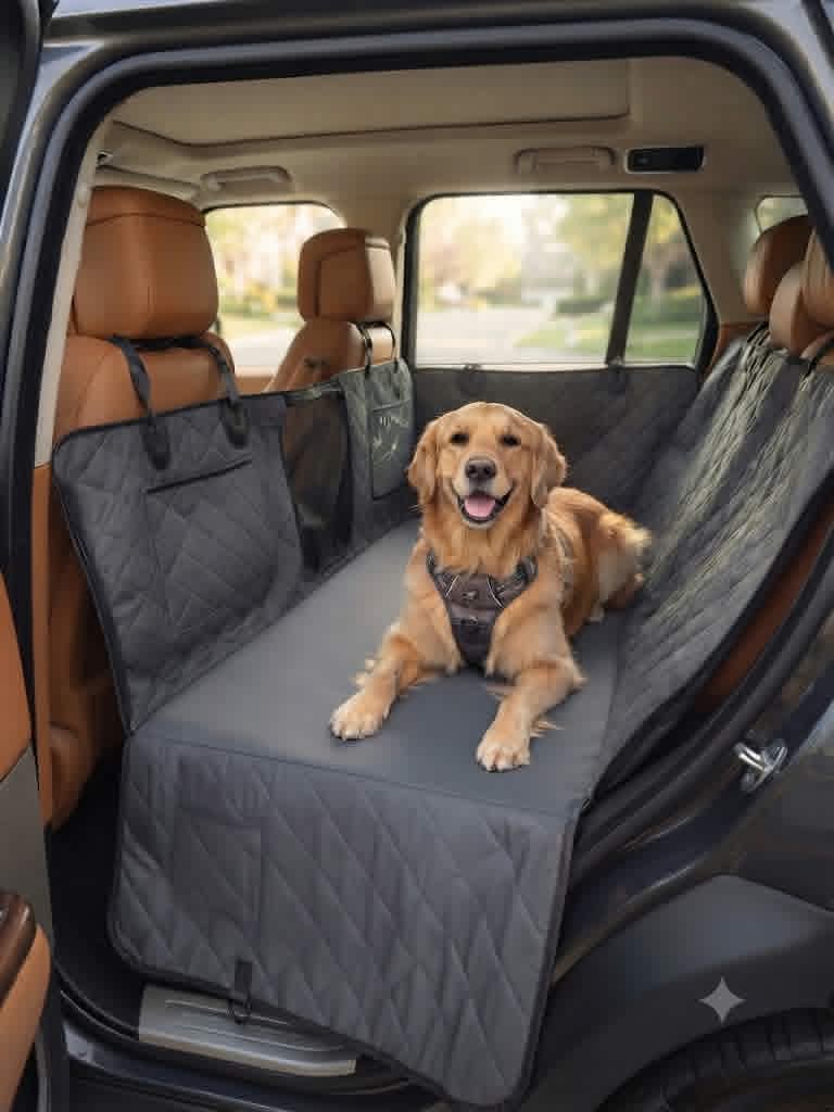 Render of the quilted tactical hammock in an SUV with a golden retriever