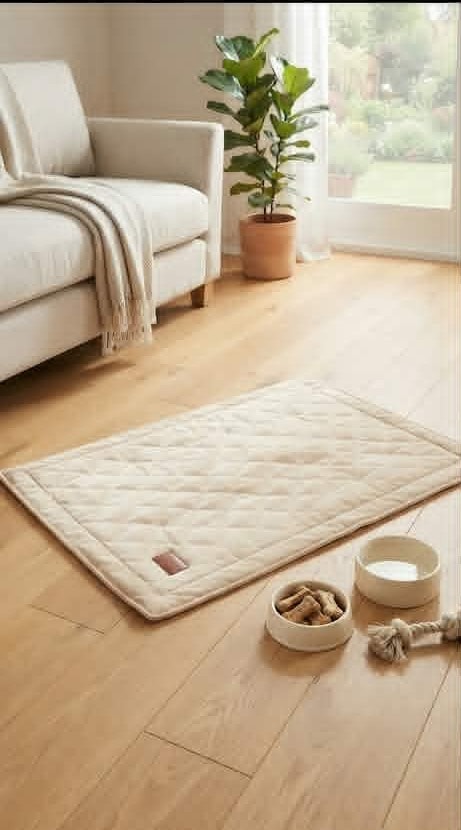 Render of the cream quilted kennel liner styled in a living room