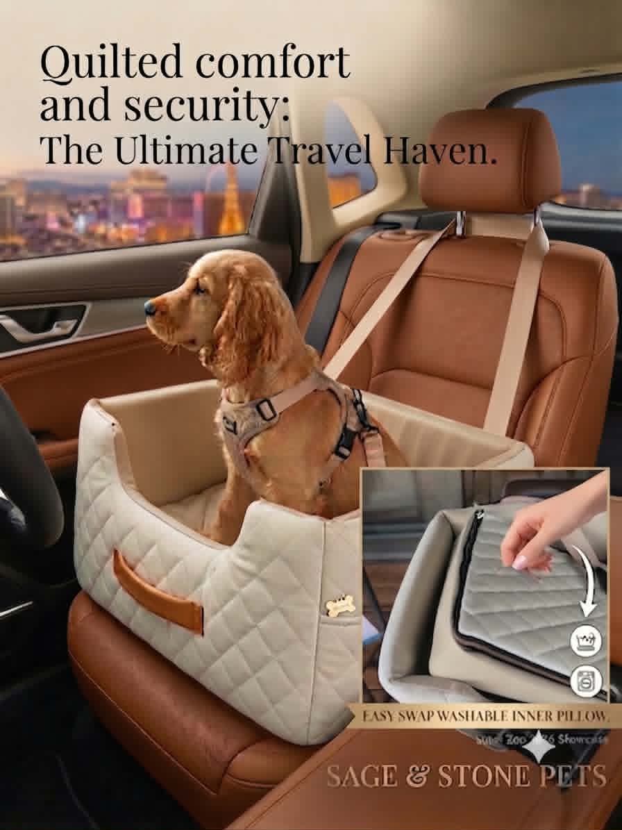 Teresa’s branded poster of the cream quilted Quilten Haven pet carseat