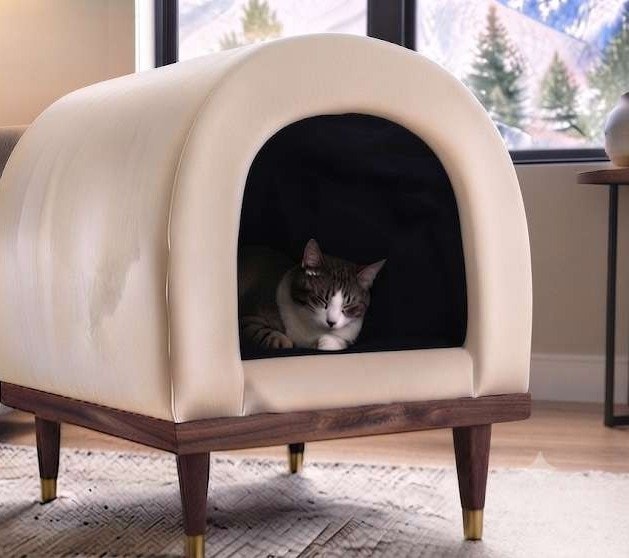 The cream Viva-la-Velvet cat cave on a walnut wood base with a cat resting inside