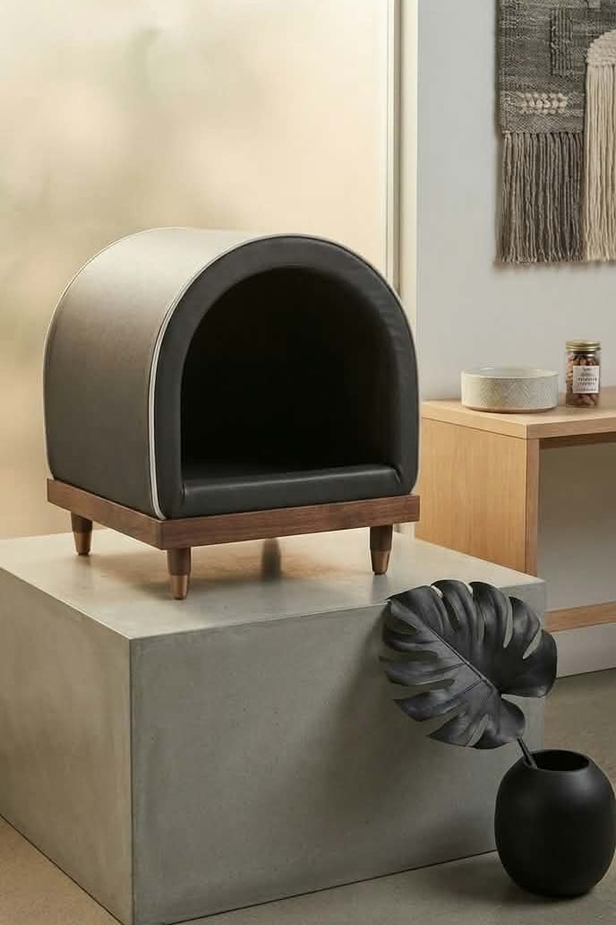 Render of the redesigned cat cave in a dark leather-look finish on the wood base, shown on a concrete plinth