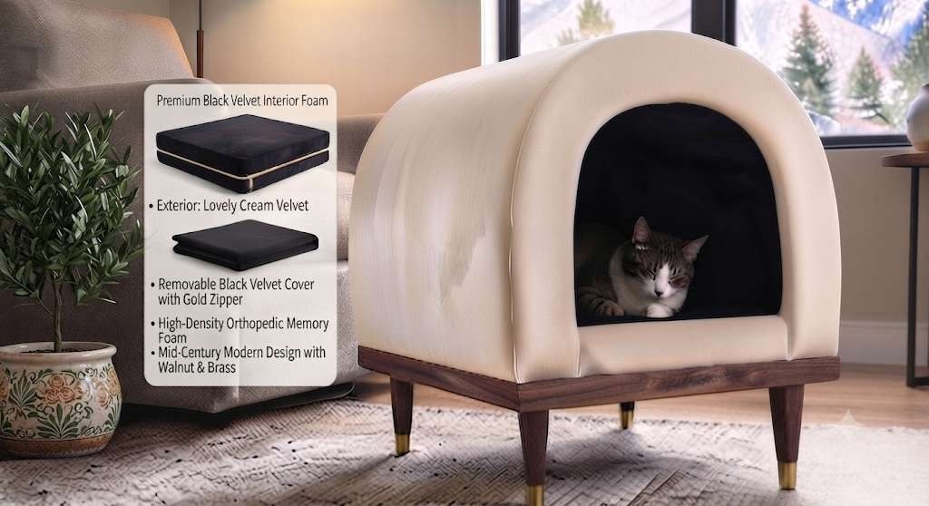The Viva-la-Velvet cat cave with material callouts: cream velvet exterior, removable black velvet cover, memory foam pad