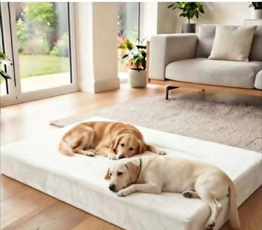 The White Velvet sofa opened flat into its dual-dog sleeper configuration